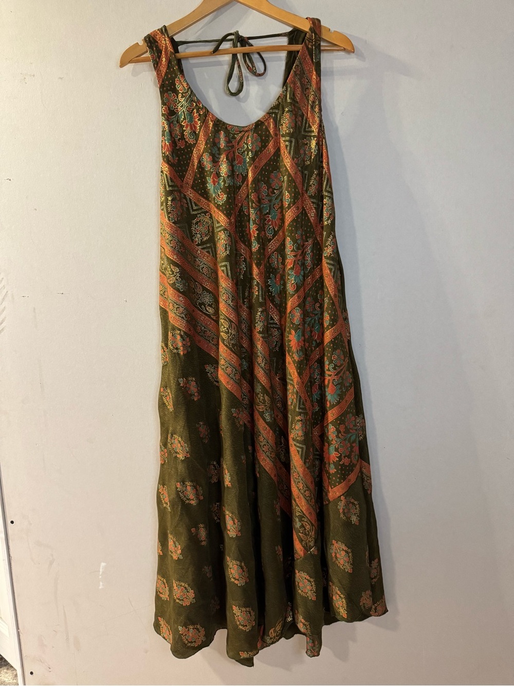 Swarna Silk Blend Boho Maxi Dress Olive Green Floral Metallic Made in India L-XL